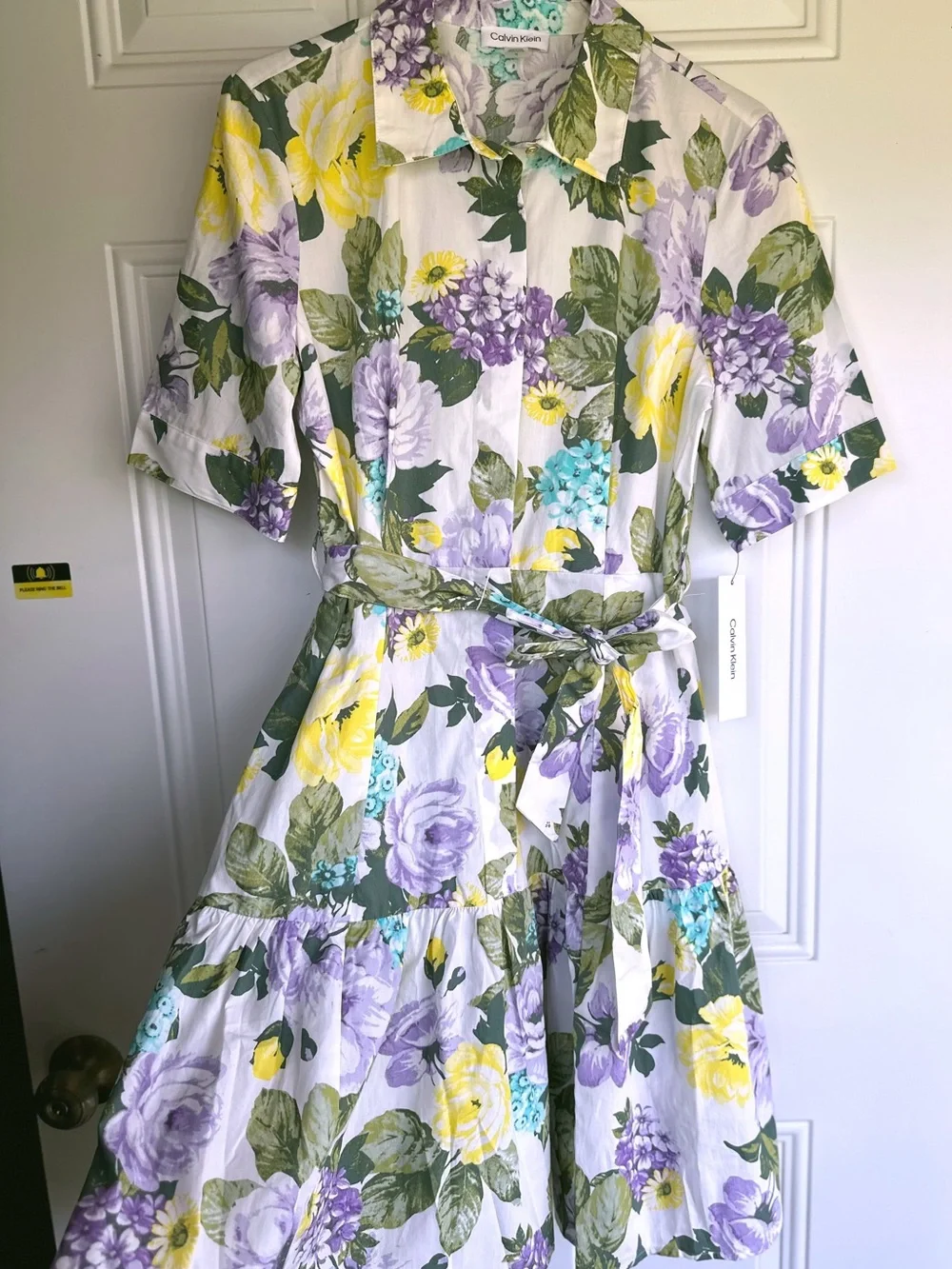 MSRP $149 Calvin Klein White Floral Midi Shirt Dress with Purple & Yellow Blooms - Picture 3 of 5